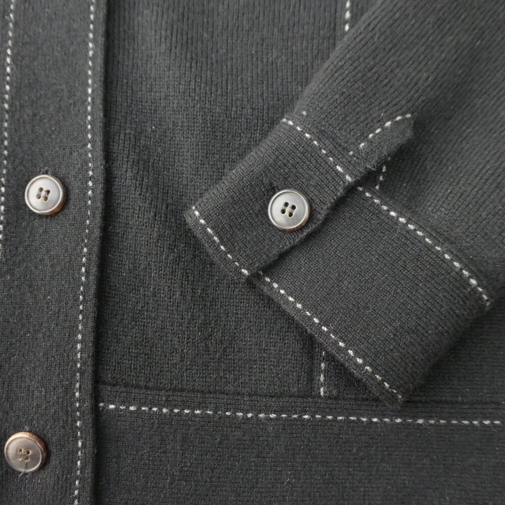 CaSHMeRe Neiman Marcus Black Shacket Cardigan White Top Stitch Flapped Pockets M - Picture 6 of 8